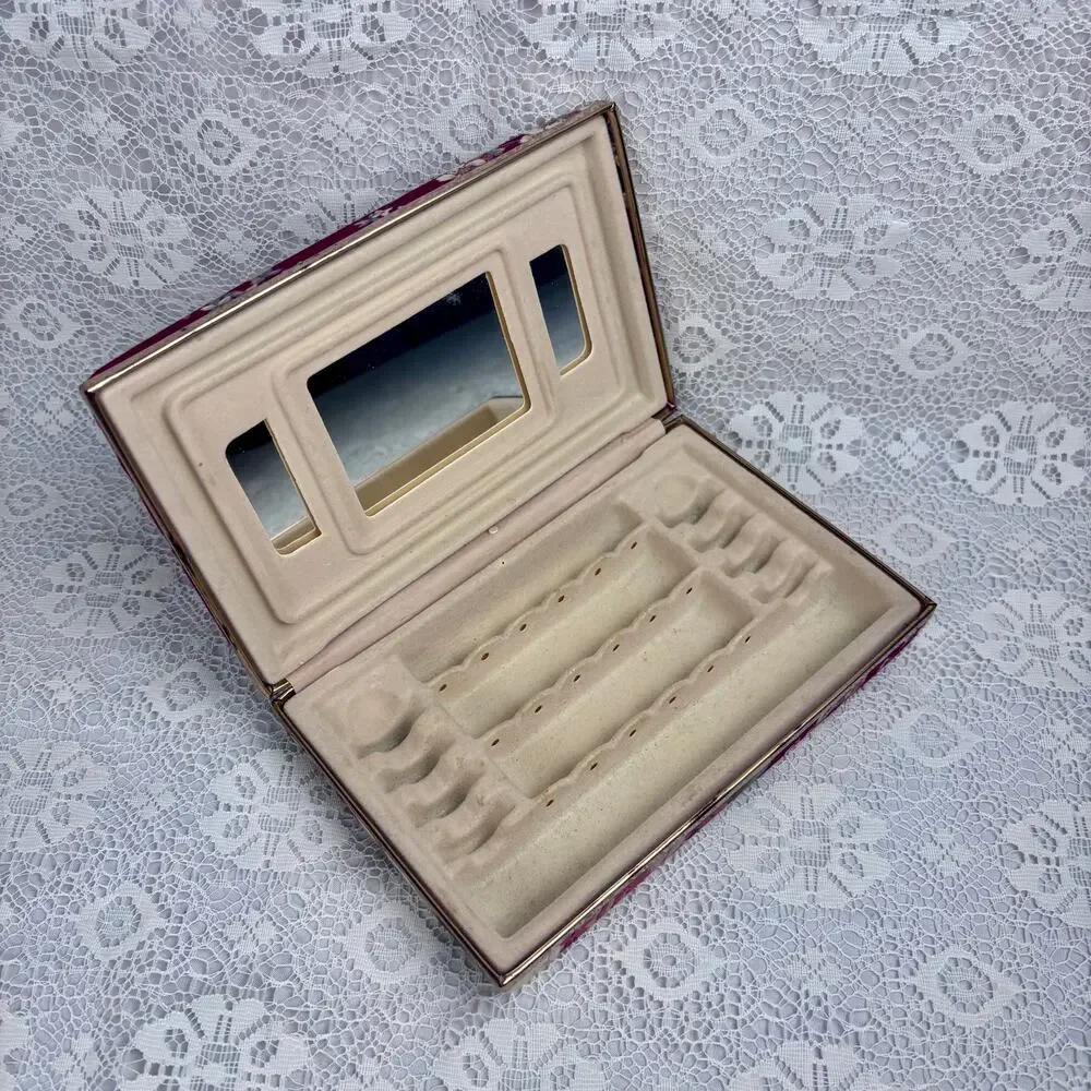 Vintage Floral Fabric Covered Jewelry Box Organizer with Mirror & Ring Holder